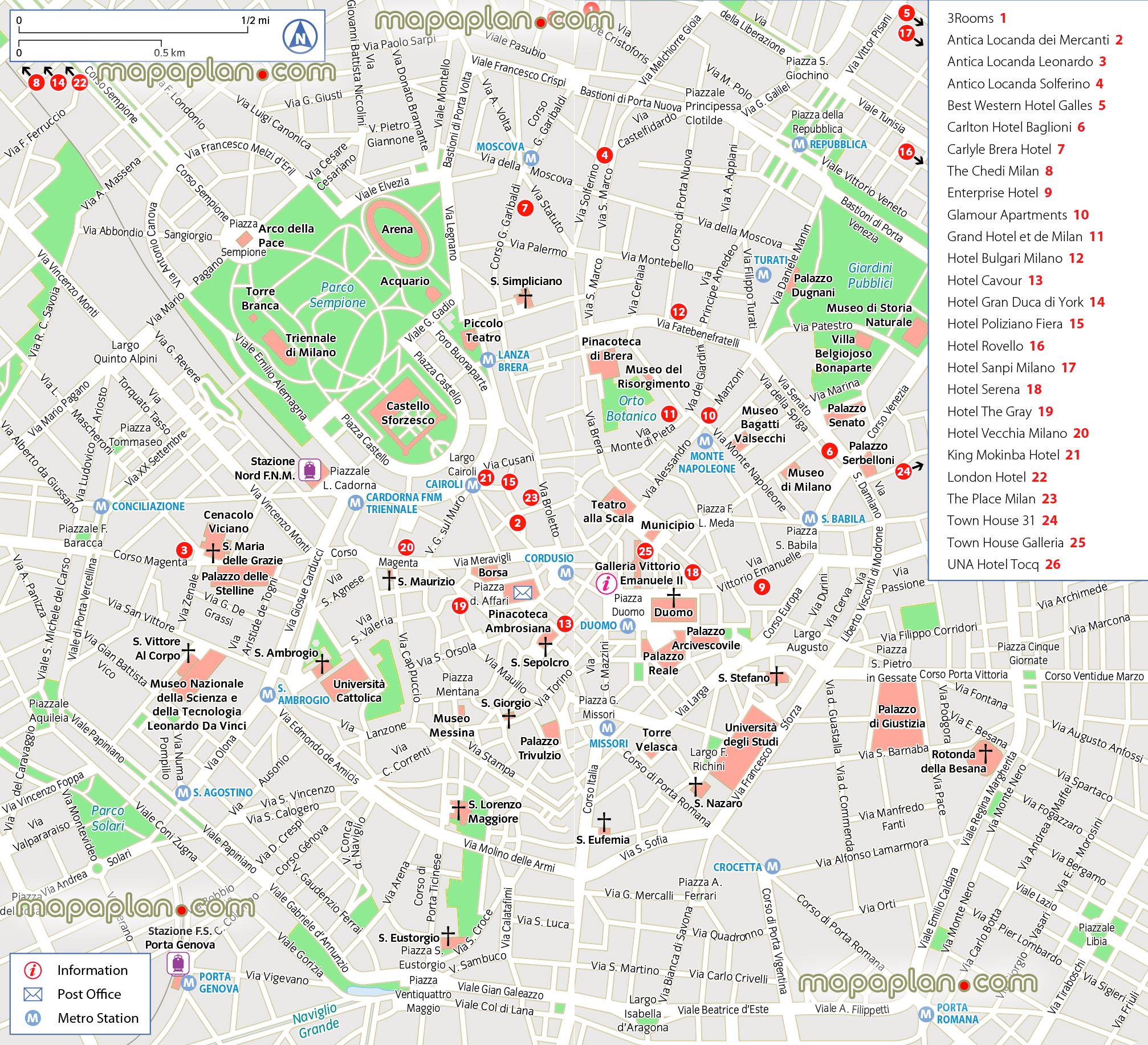 Milan top tourist attractions map - Central Milan hotels ...