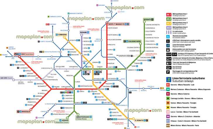 Milan metro underground network printable atm m1 m2 m3 m4 lines suburban light rail network zones airport updated subway train public transport diagrams Milan Top tourist attractions map