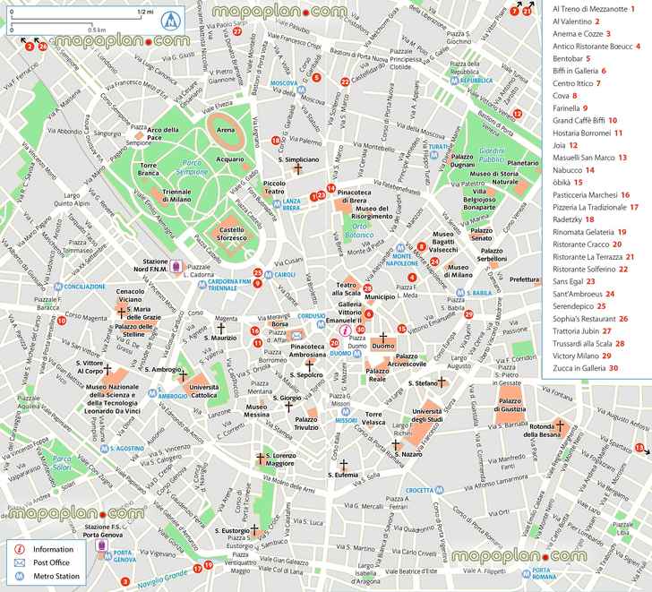 Milan best restaurants dining central district area outline layout best locations visits Milan Top tourist attractions map