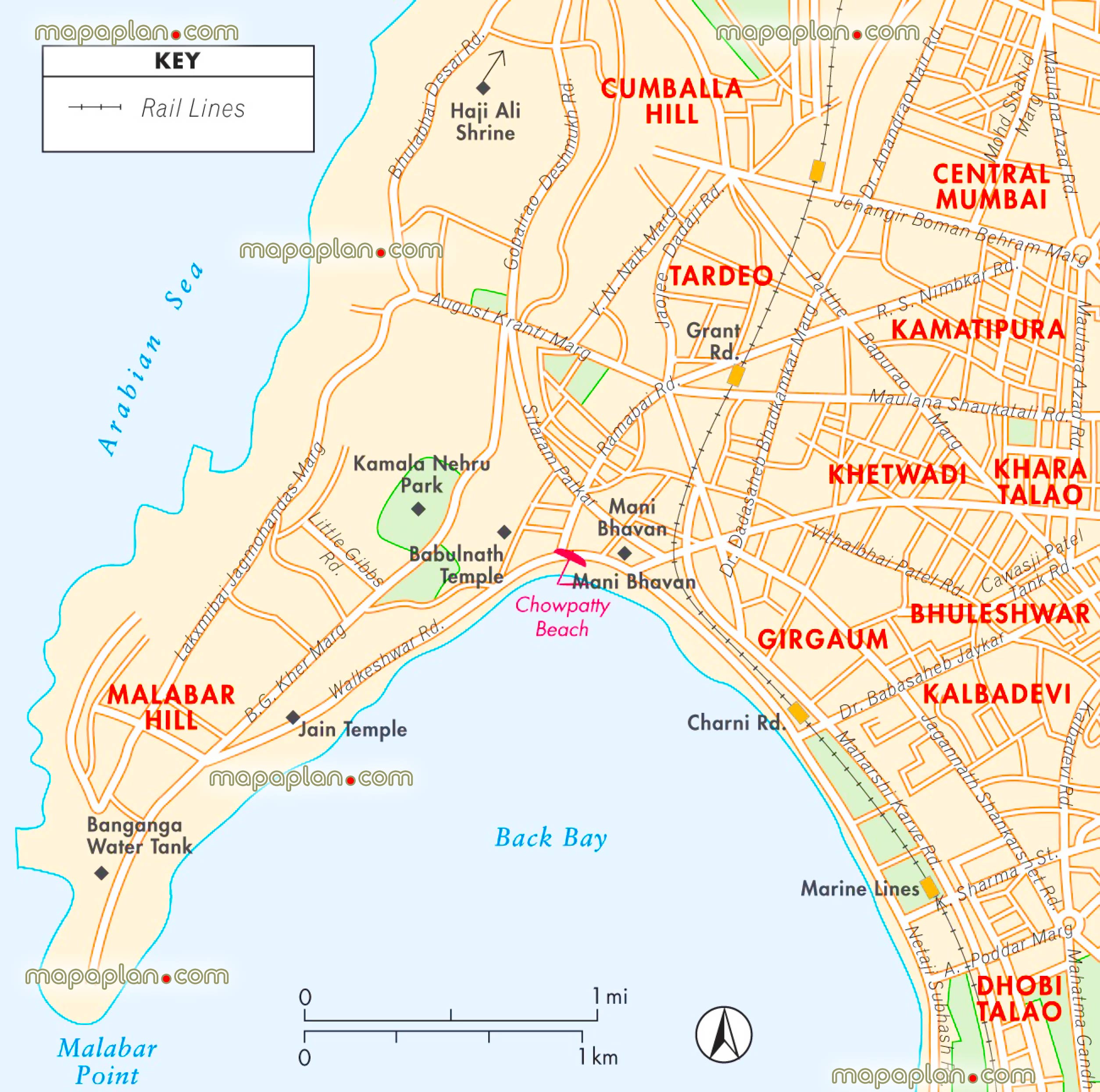 mumbai malabar hill detailed map central free download offline city street top attractions places detailed itinerary popout interactive guide english historical streets beaches parks what see where go directions interesting things do railway train stations rail routes local roadss Mumbai Top tourist attractions map