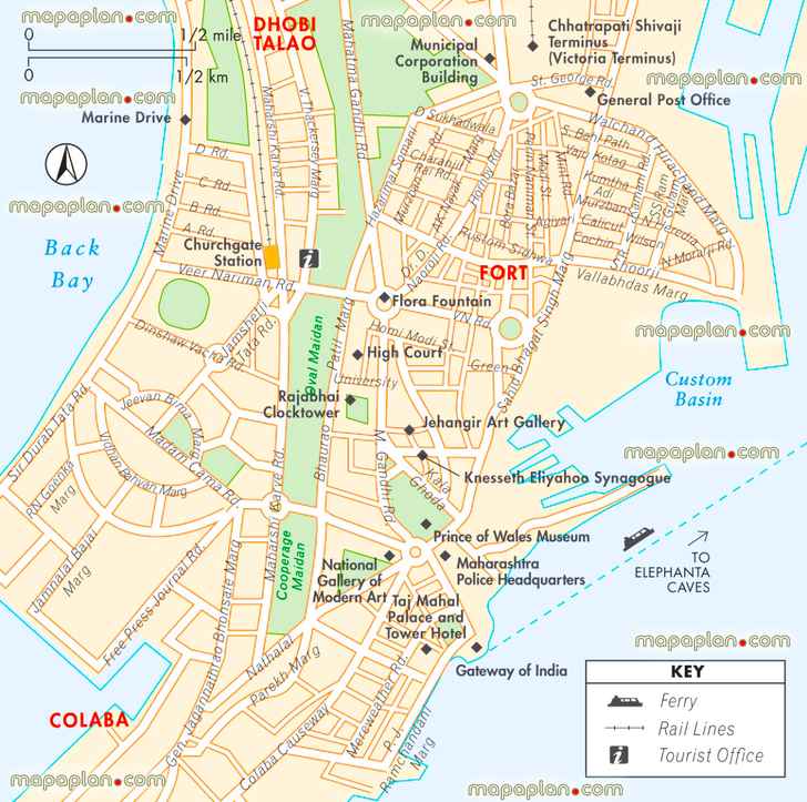 Mumbai detailed colaba fort marine drive city centre free travel guide top 10 must see sights best destinations printable walking directions interesting sights simple easy navigate diagram holiday top points interest central district neighourhood orientation churchgate rail train stations Mumbai Top tourist attractions map
