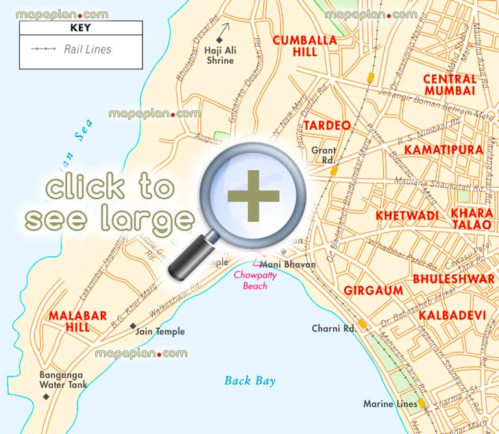 mumbai malabar hill detailed map central free download offline city street top attractions places detailed itinerary popout interactive guide english historical streets beaches parks what see where go directions interesting things do railway train stations rail routes local roadss Mumbai Top tourist attractions map