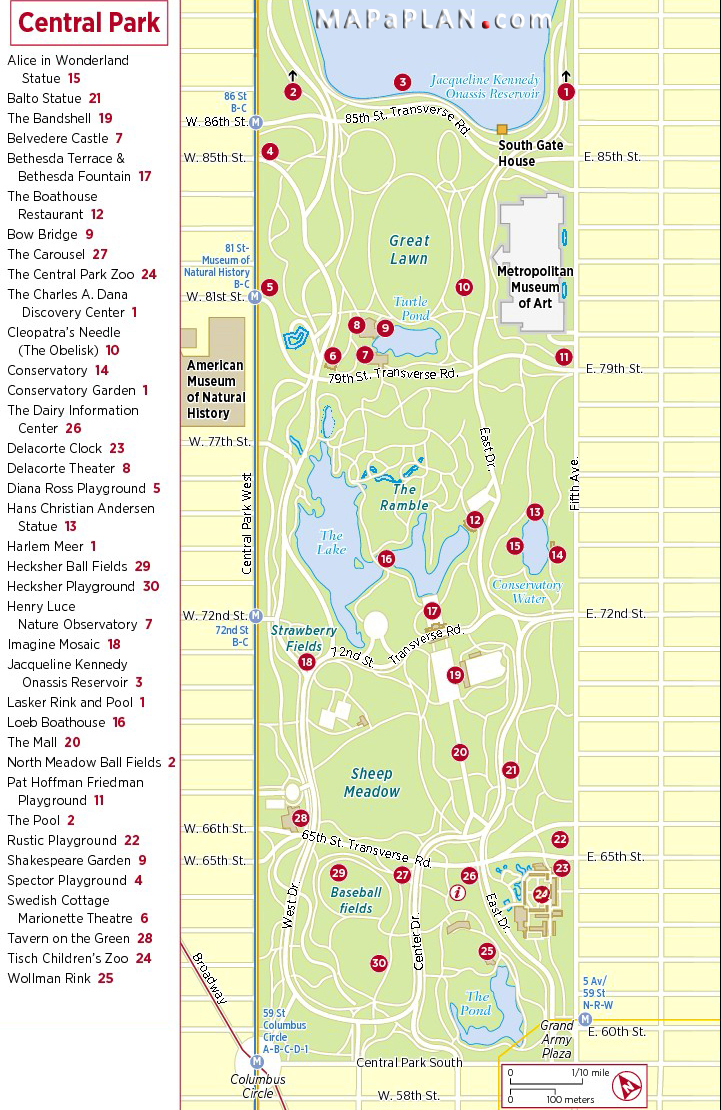 New York top tourist attractions map - Central Park places