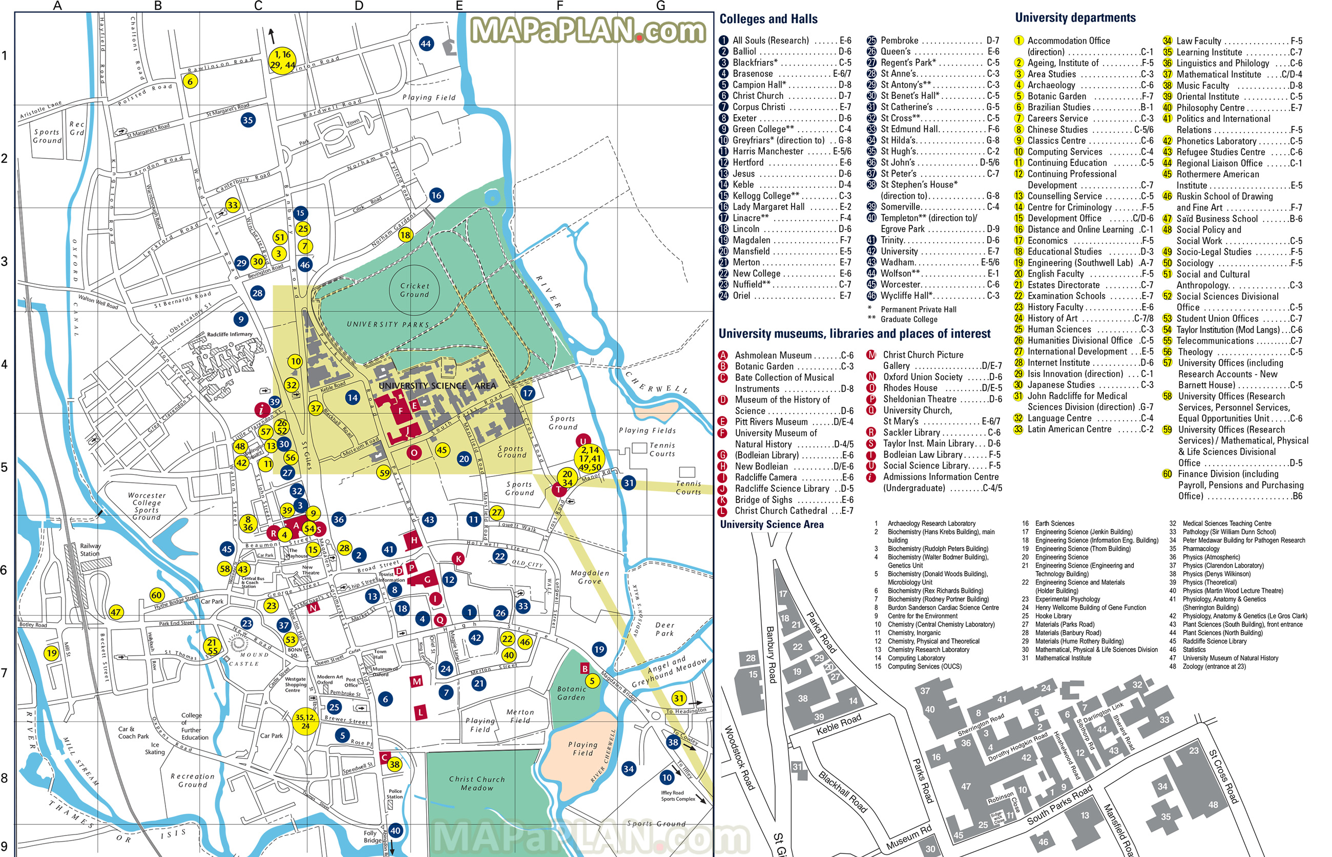 Oxford University Natural History Pitt Rivers Museums campus departments colleges halls libraries parks Oxford top tourist attractions map