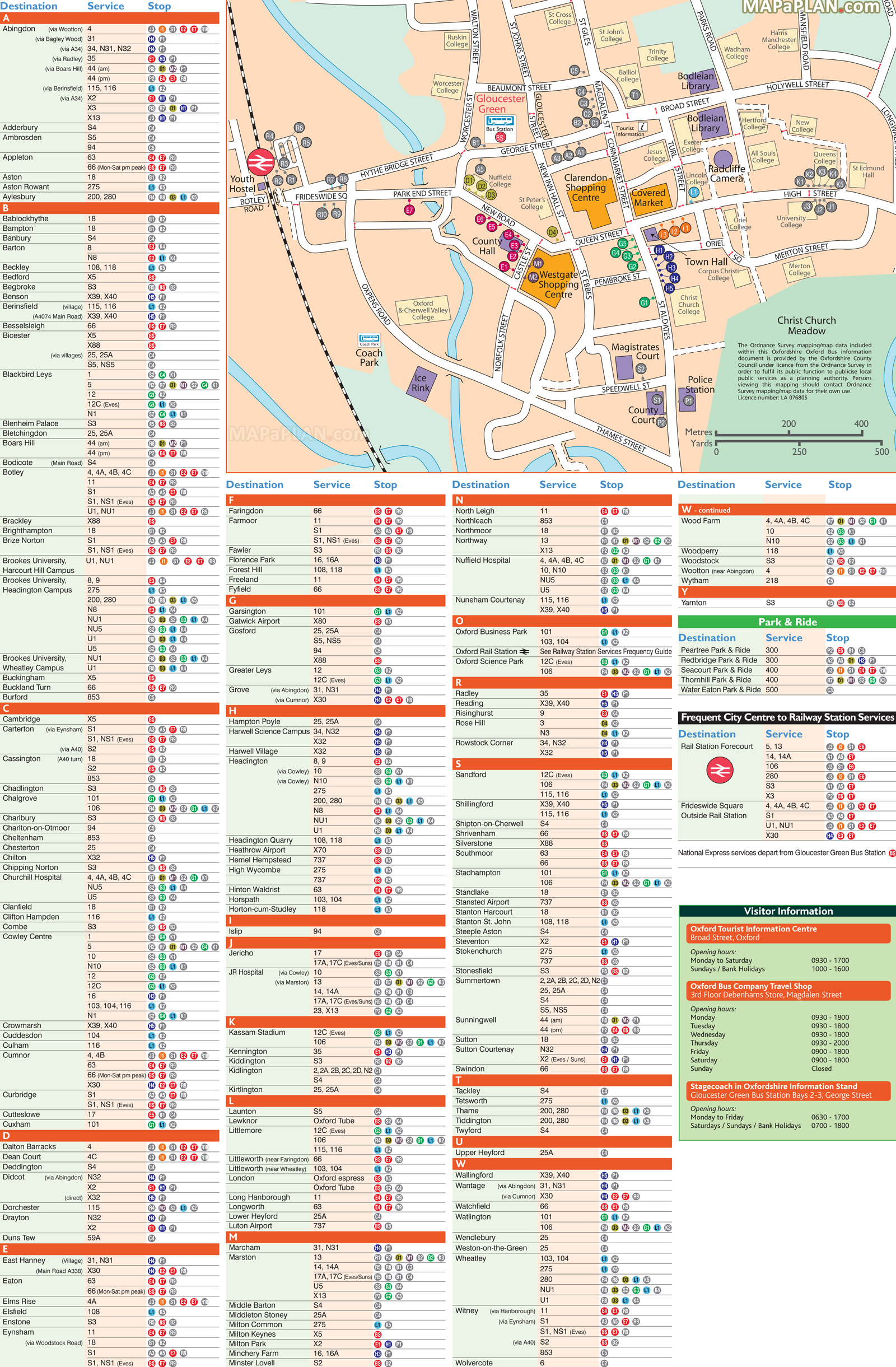 Official city centre bus stops rail line station Covered Market shopping directions Oxford top tourist attractions map