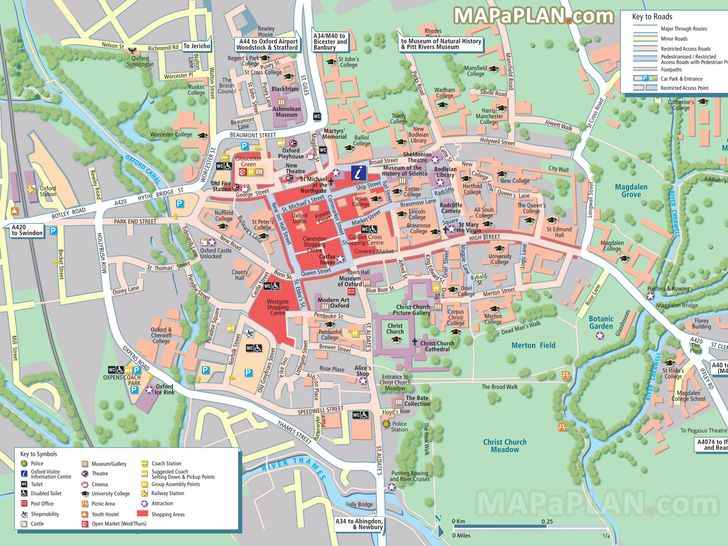 City centre detailed street travel plan with must see places sights landmarks to visit Oxford top tourist attractions map