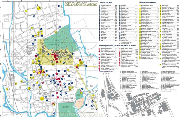 Oxford University Natural History Pitt Rivers Museums campus departments colleges halls libraries parks Oxford top tourist attractions map