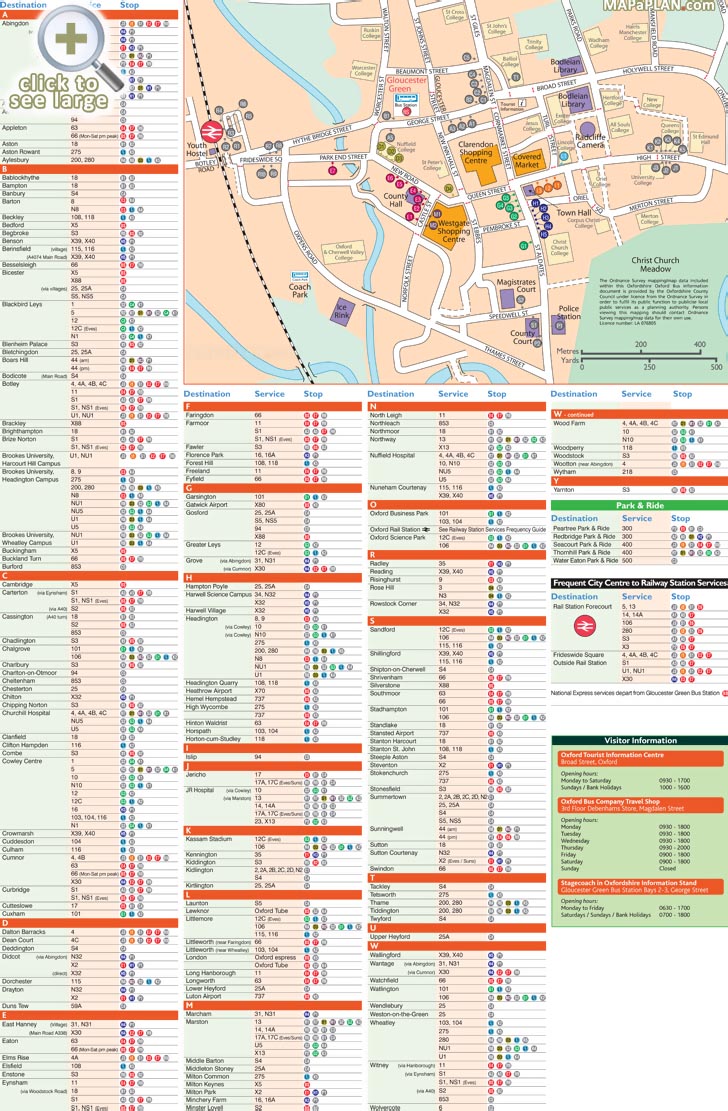 Official city centre bus stops rail line station Covered Market shopping directions Oxford top tourist attractions map