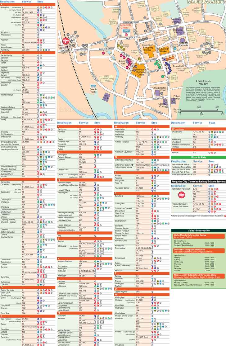 Official city centre bus stops rail line station Covered Market shopping directions Oxford top tourist attractions map