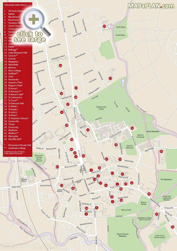 Map of Oxford University England UK buildings colleges Keble halls sciance area location visitor guide Oxford top tourist attractions map