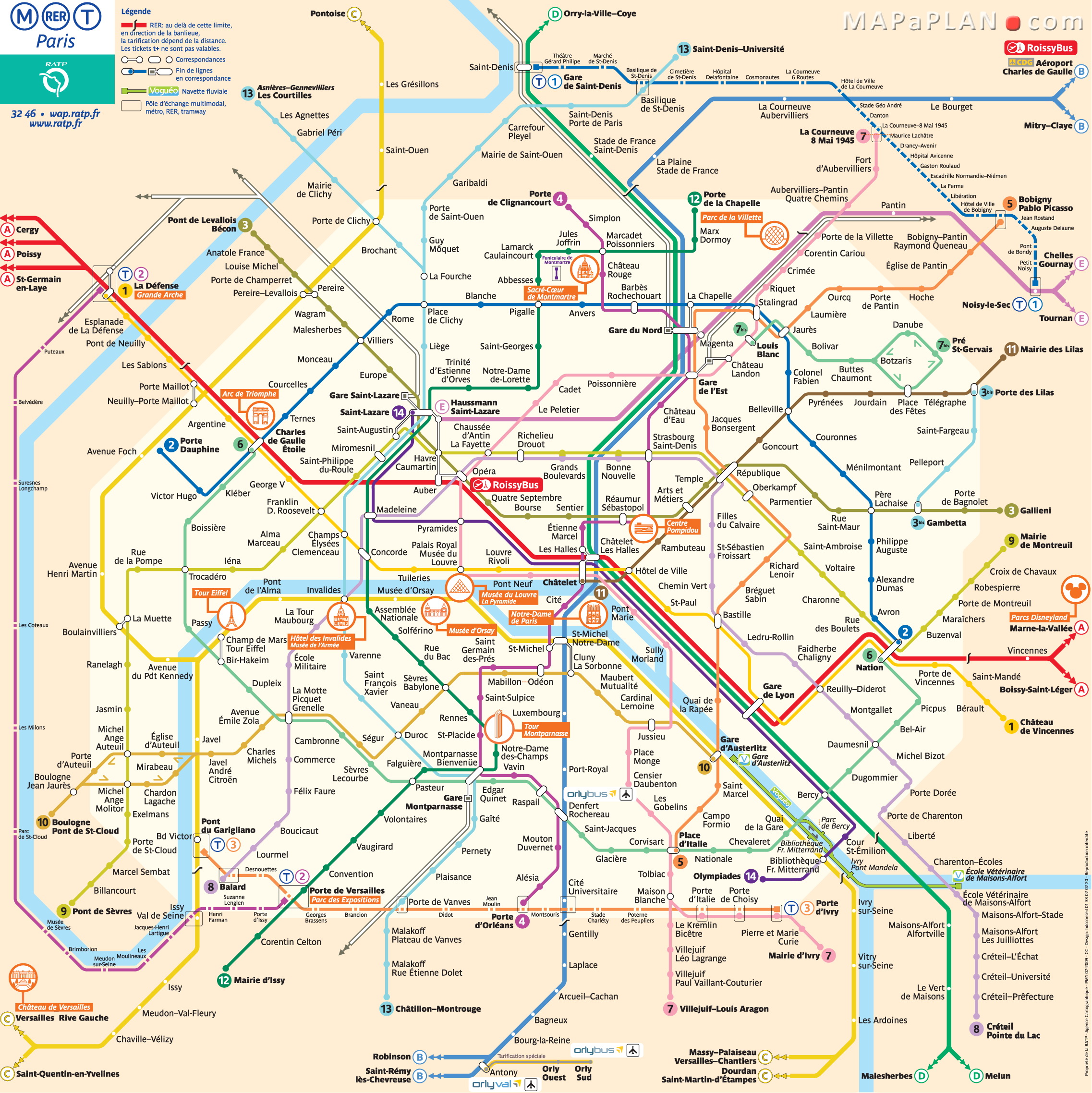 Paris top tourist attractions map Metro plan RER rapid transport tram subway underground tube stations