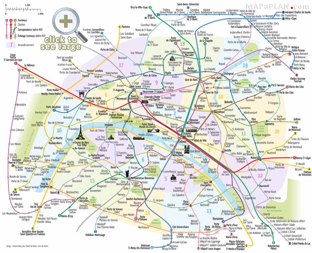 Paris top tourist attractions map Metro with favourite sights