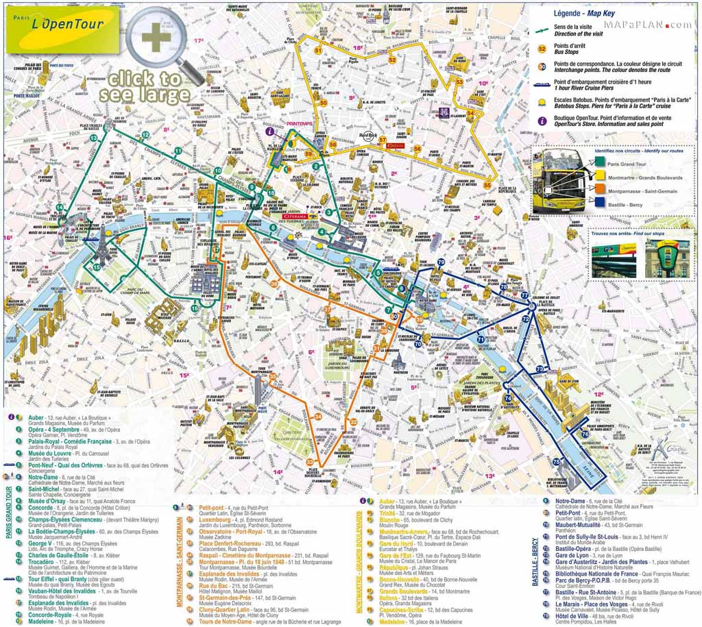 Paris top tourist attractions map Open top double decker bus tour