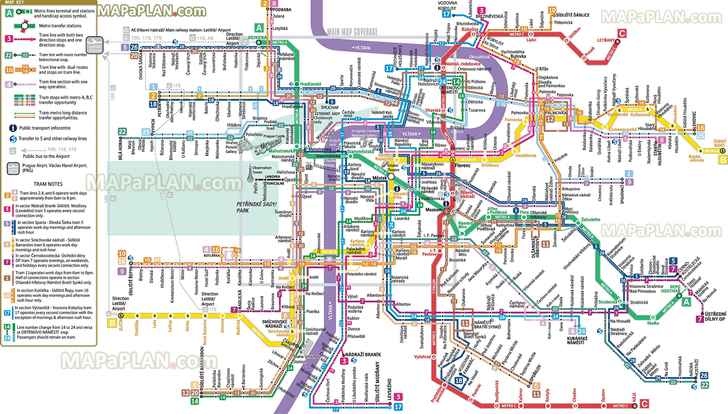 metro tube subway underground tram stations lines dpp public transport network system diagram airport vaclav havel terminal transit Prague top tourist attractions map