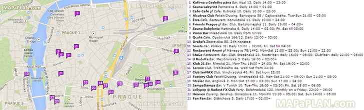 map gay bars pubs cafes nightlife clubs restaurants Prague top tourist attractions map