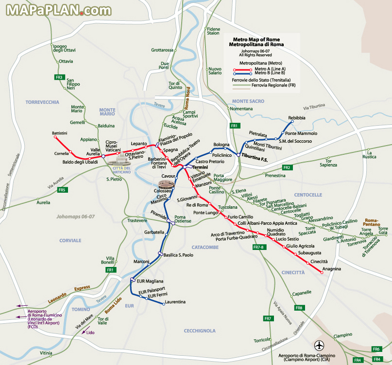 Metro Subway map with attractions overlay Rome top tourist attractions map