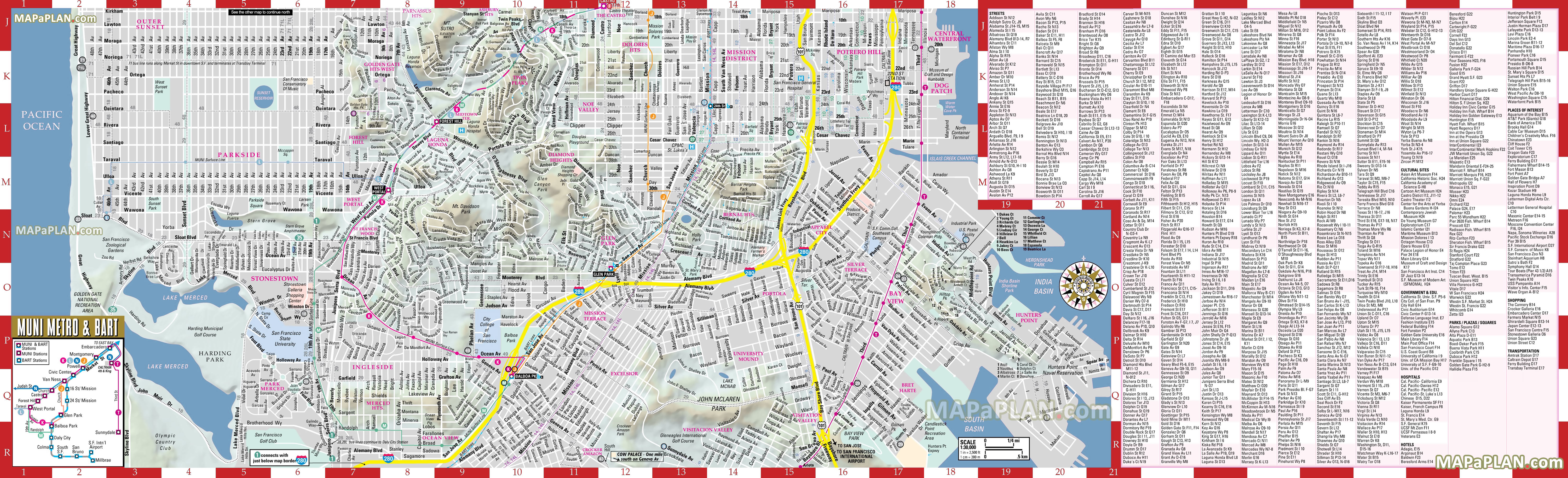 south inner city centre points interest shopping a z list street names hotel accommodation San Francisco top tourist attractions map