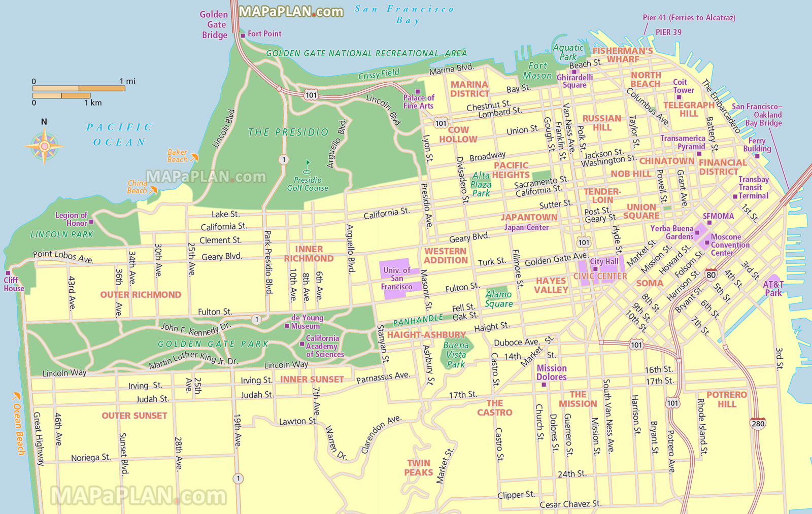 what to see where to go what to do great sites worth visiting castro twin peaks soma San Francisco top tourist attractions map