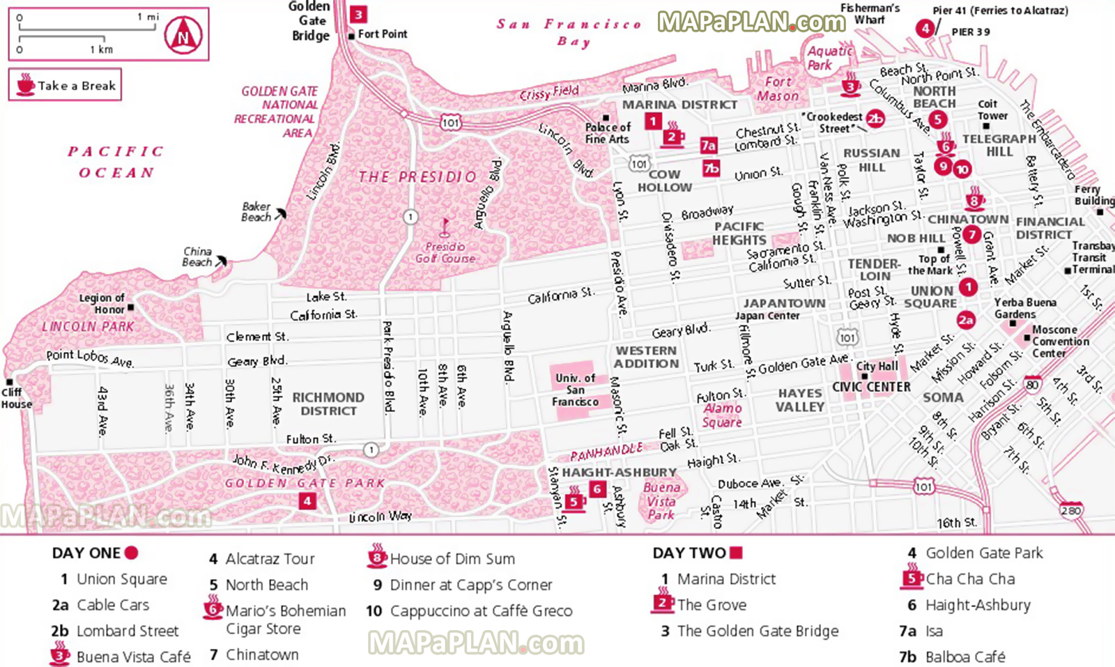 two day trip route planner itinerary highlights interesting sites golden gate bridge japantown San Francisco top tourist attractions map