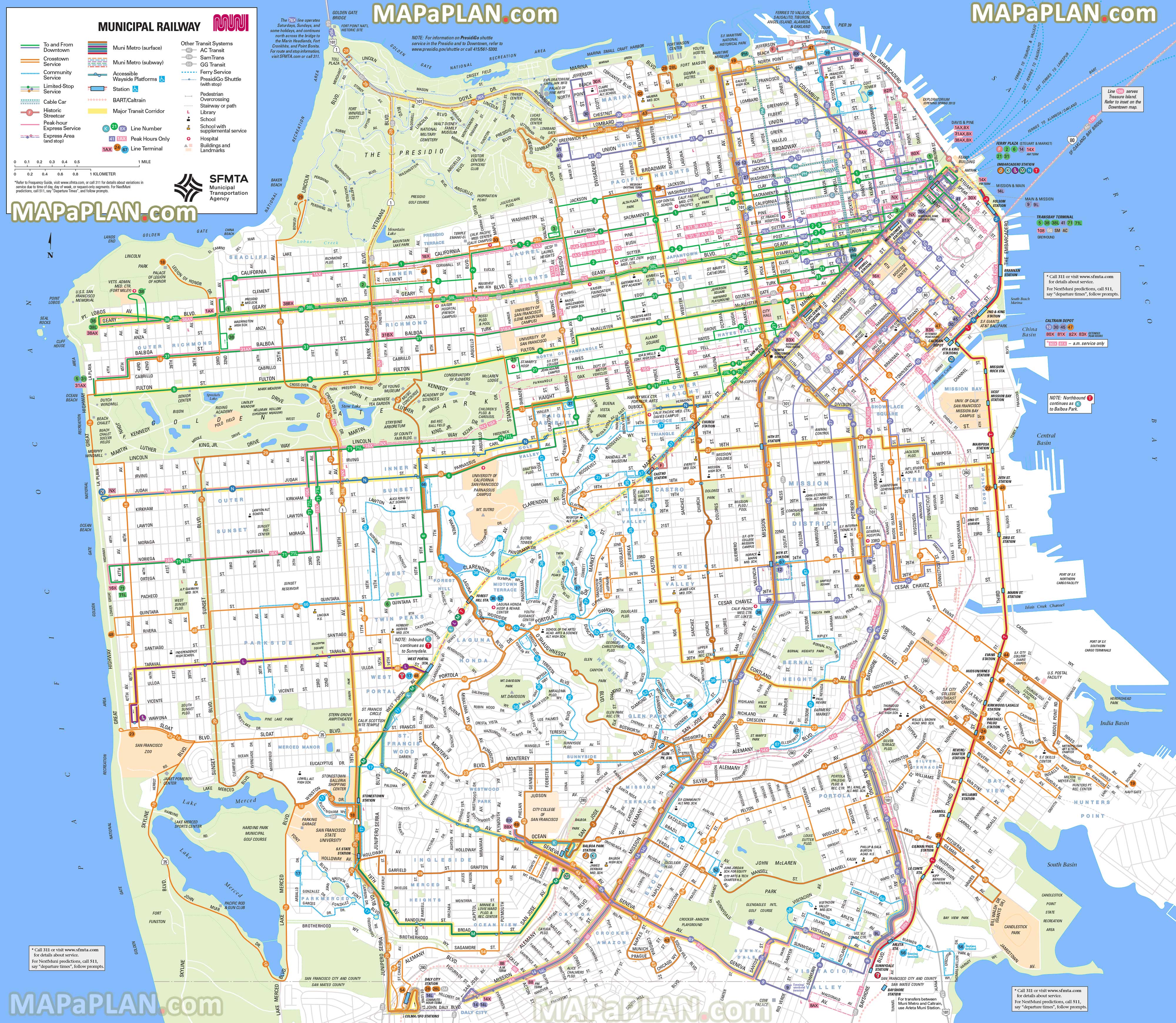 municipal railway transit system crosstown caltrain stops ferry service bus candlestick park San Francisco top tourist attractions map