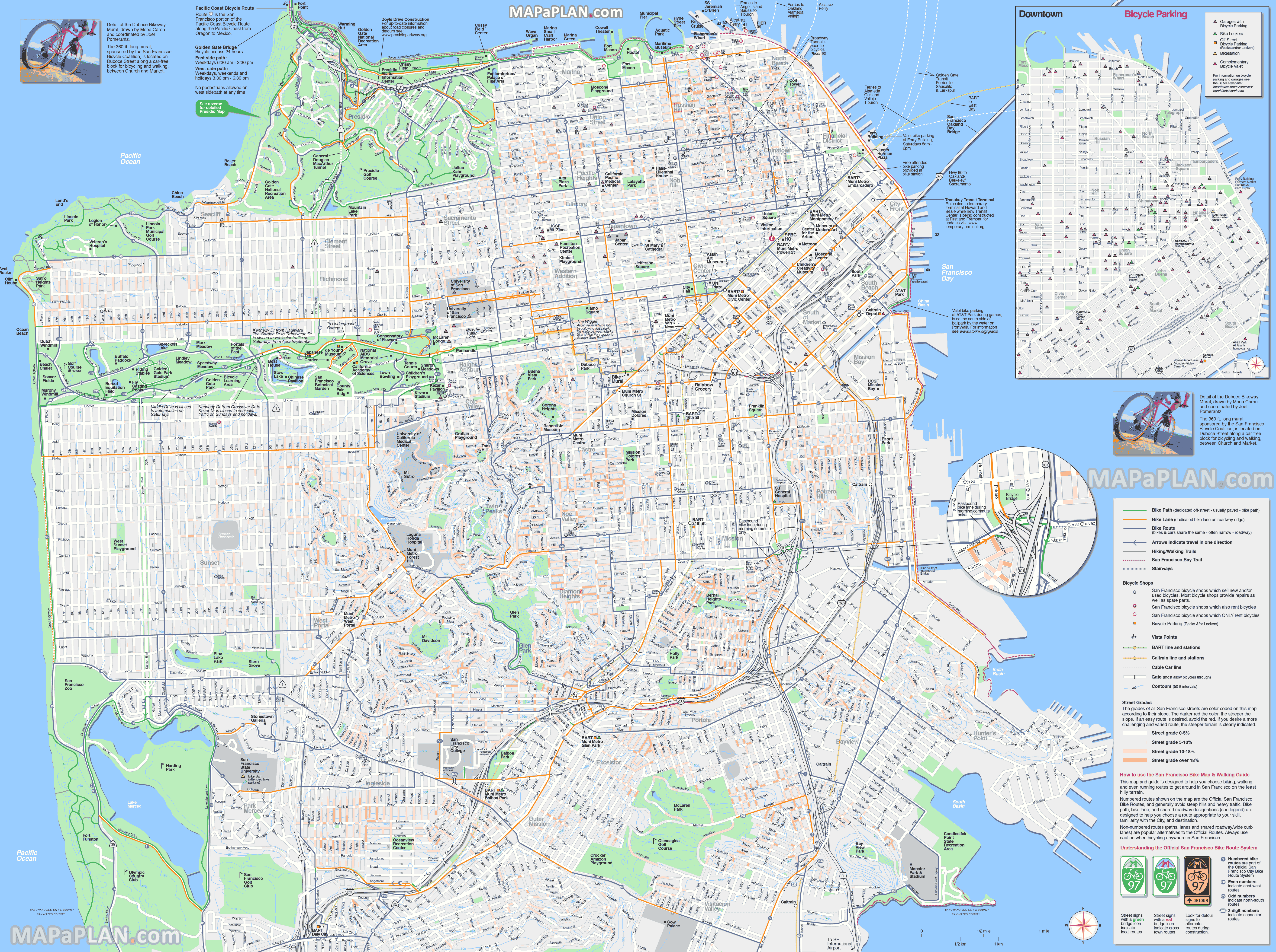 walking jogging hiking cycling routes hill grade elevation poster map street road names San Francisco top tourist attractions map