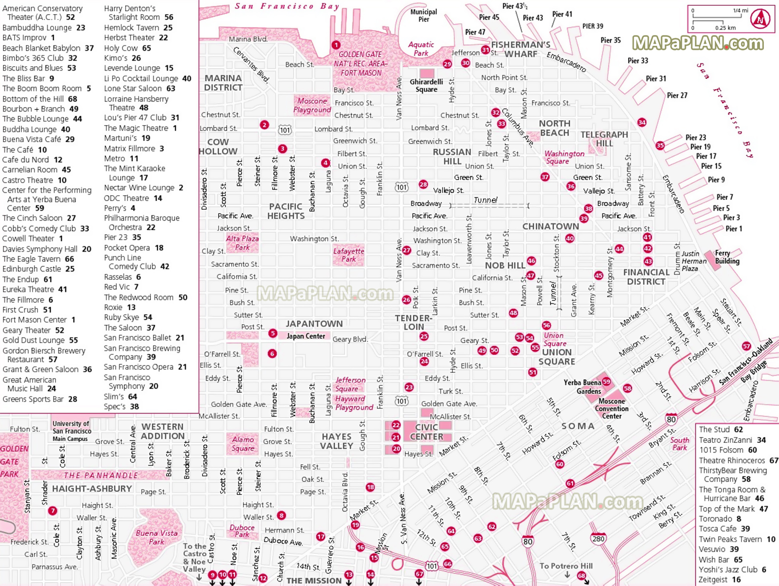 nightlife map top bars nightclubs theatres favourite eateries good restaurants cafes San Francisco top tourist attractions map