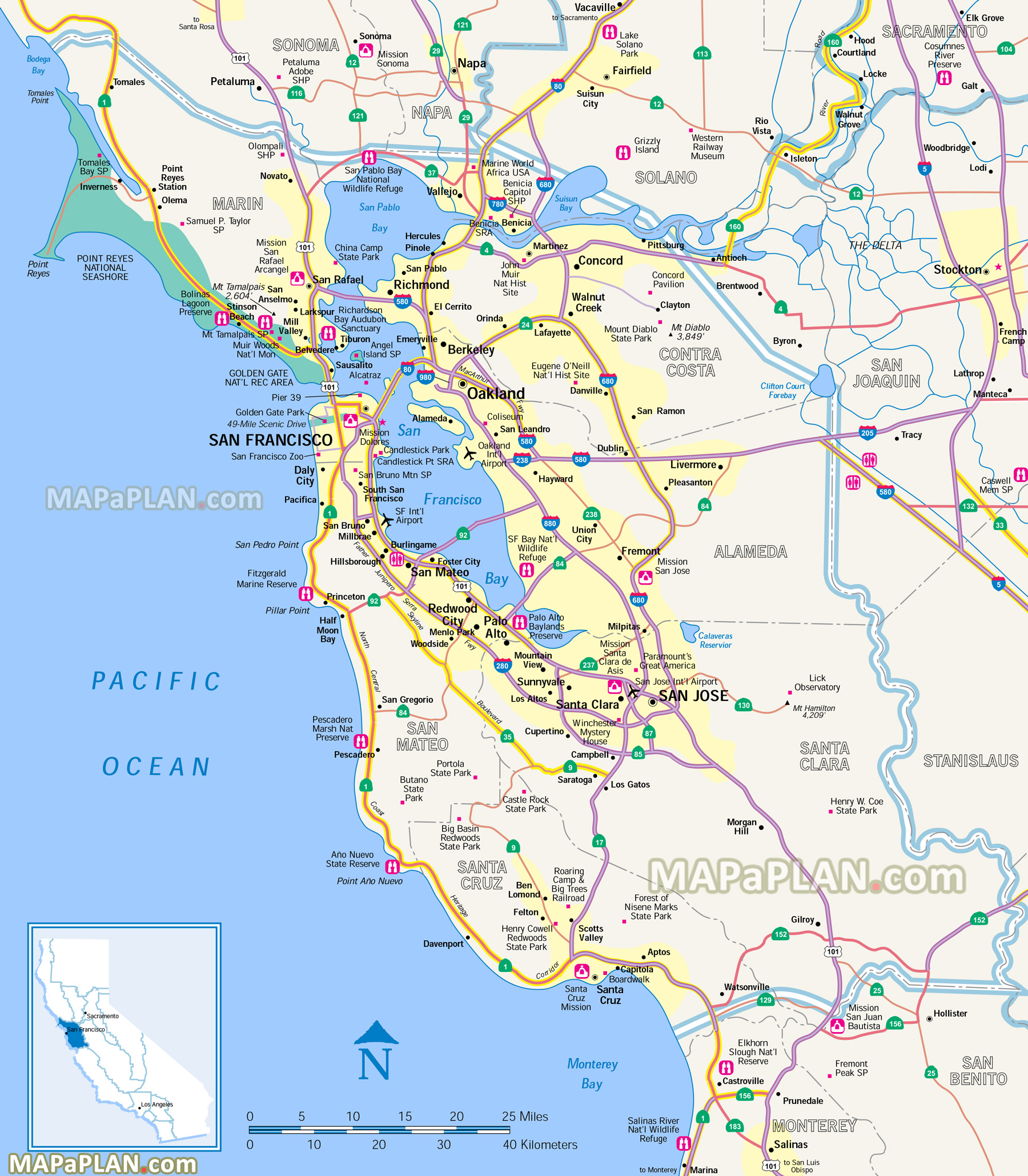 san francisco penisula surrounding bay area northern california cities sausalito zoo pier 39 San Francisco top tourist attractions map