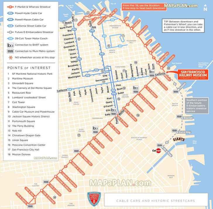 cable cars historic streetcars trams nob hill ferry building maritime museum coit tower San Francisco top tourist attractions map