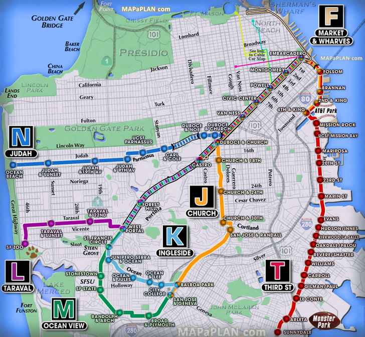 muni metro subway underground tube stations directions embarcadero powell civic center San Francisco top tourist attractions map