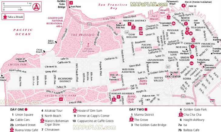 two day trip route planner itinerary highlights interesting sites golden gate bridge japantown San Francisco top tourist attractions map