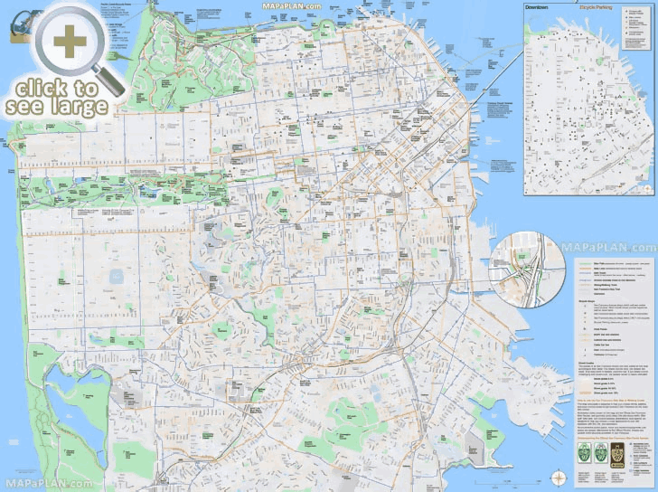 walking jogging hiking cycling routes hill grade elevation poster map street road names San Francisco top tourist attractions map