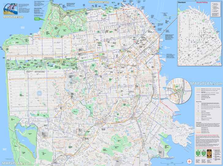 walking jogging hiking cycling routes hill grade elevation poster map street road names San Francisco top tourist attractions map