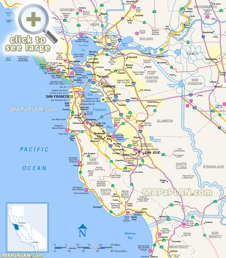 san francisco penisula surrounding bay area northern california cities sausalito zoo pier 39 San Francisco top tourist attractions map