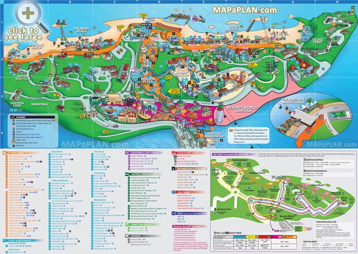 Sentosa Island with Universal Studios, Underwater World and beaches Singapore top tourist attractions map