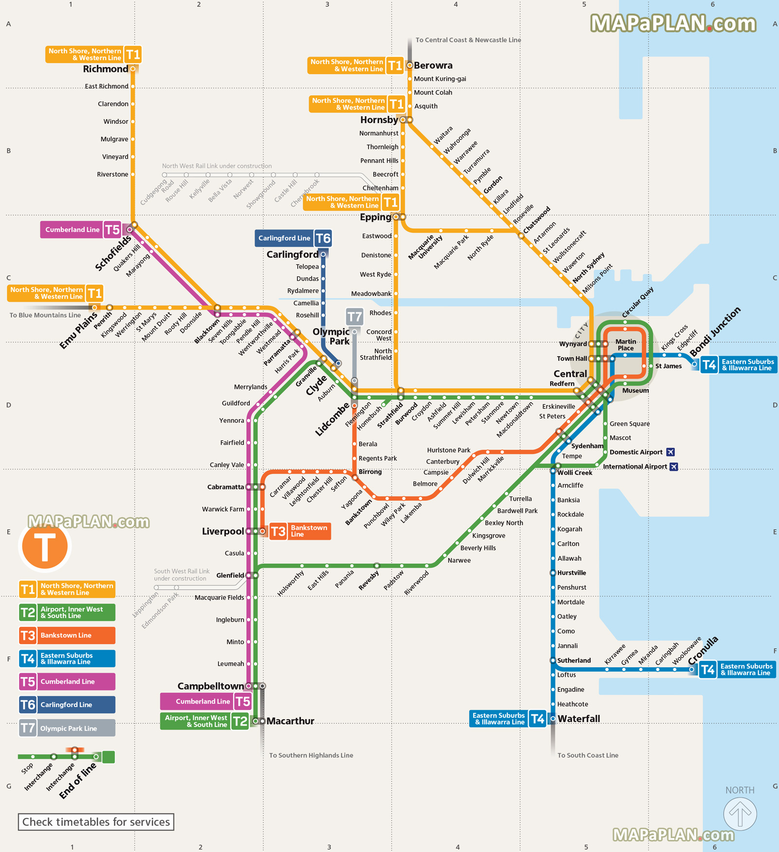 official public transport rail network diagram stations train lines t1 t2 t3 t4 t5 t5 t6 t7 metro area Sydney top tourist attractions map