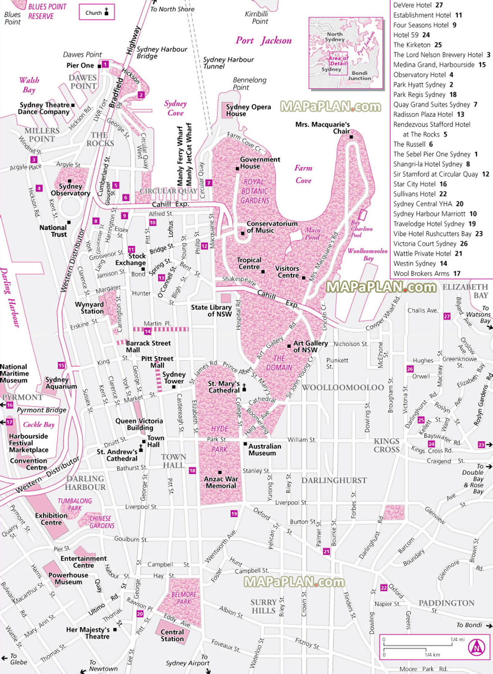 central Sydney top hotels major spots worth visiting kings cross royal botanic gardens Sydney top tourist attractions map