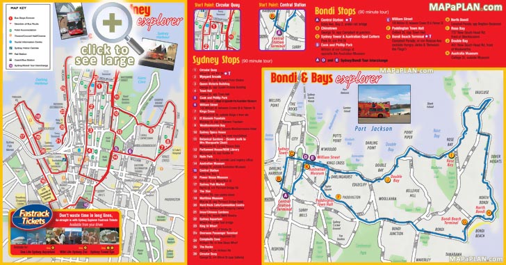 sydney explorer city sightseeing hop on hop off double decker open top coach bus tour Sydney top tourist attractions map