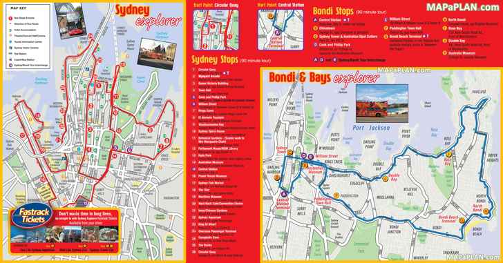 Sydney explorer city sightseeing hop on hop off double decker open top coach bus tour Sydney top tourist attractions map