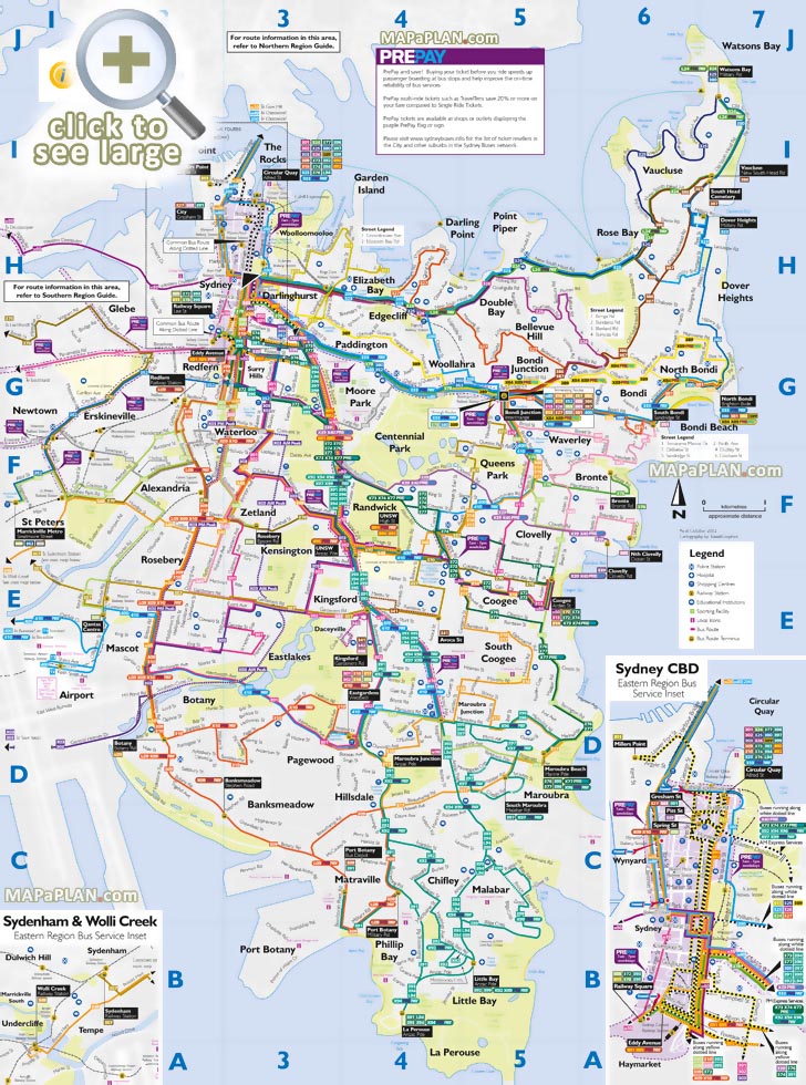 sydney eastern region nsw bus map directions airport terminal railway station hospitals Sydney top tourist attractions map