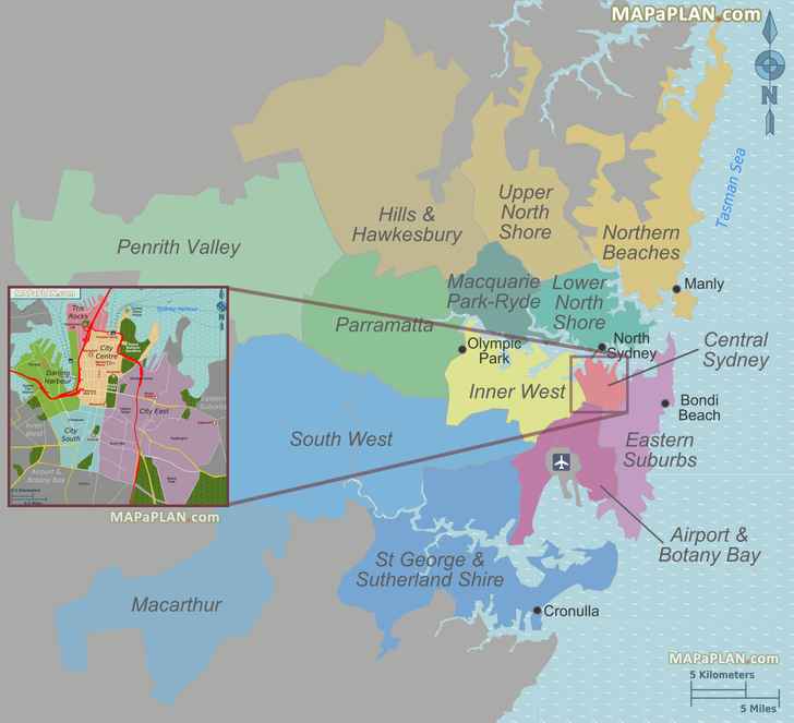 greater Sydney central area suburbs district zones neighbourhoods administrative divisions Sydney top tourist attractions map