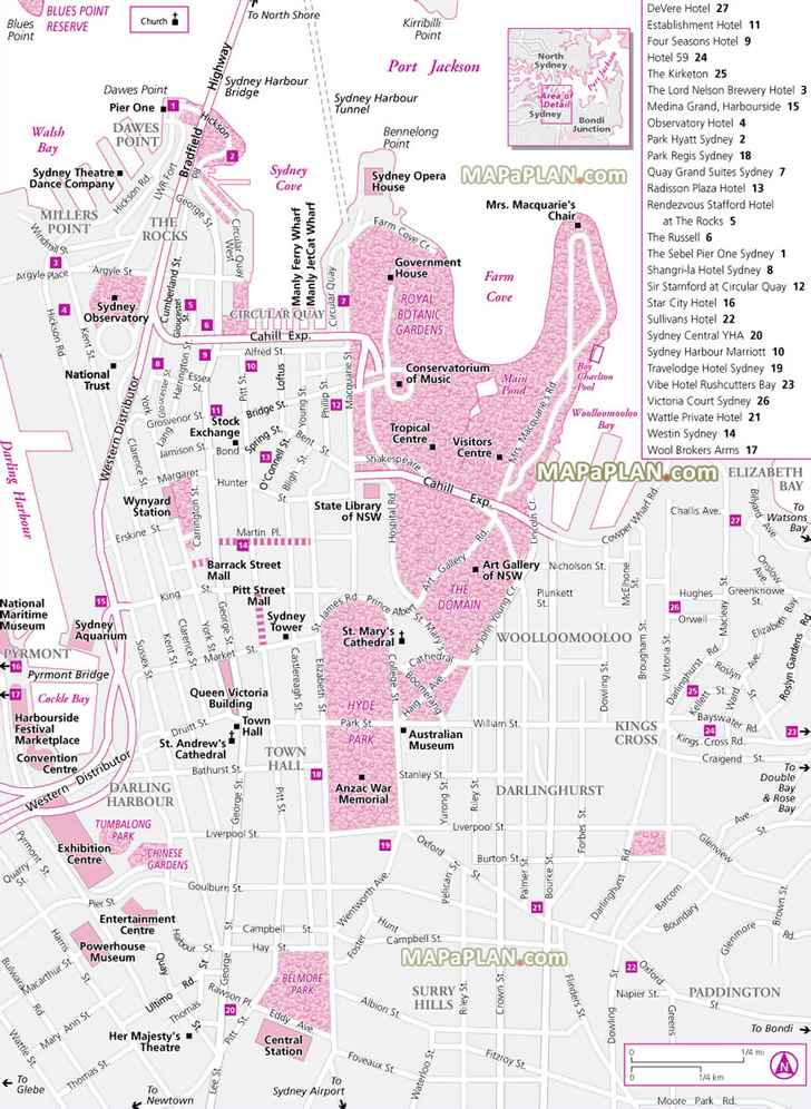 central Sydney top hotels major spots worth visiting kings cross royal botanic gardens Sydney top tourist attractions map