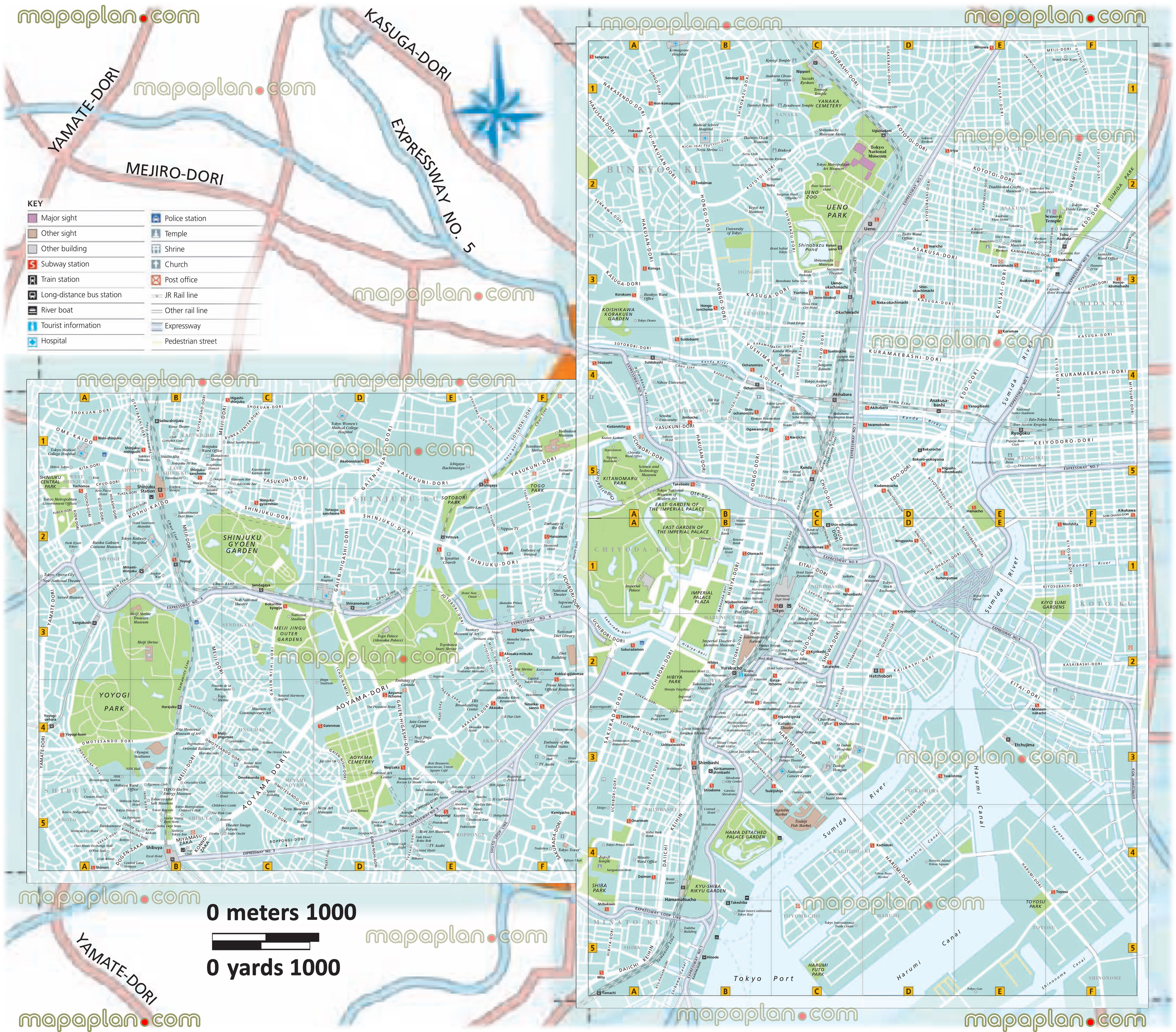 interactive tourist information new directions points interest downtown iconic places major landmarks districts bullet main rail station sensoji temple koishikawa korakuen garden dome tsukiji fish market expressways chiyada shinjuku shibuya yoyogi asakusas Tokyo top tourist attractions map