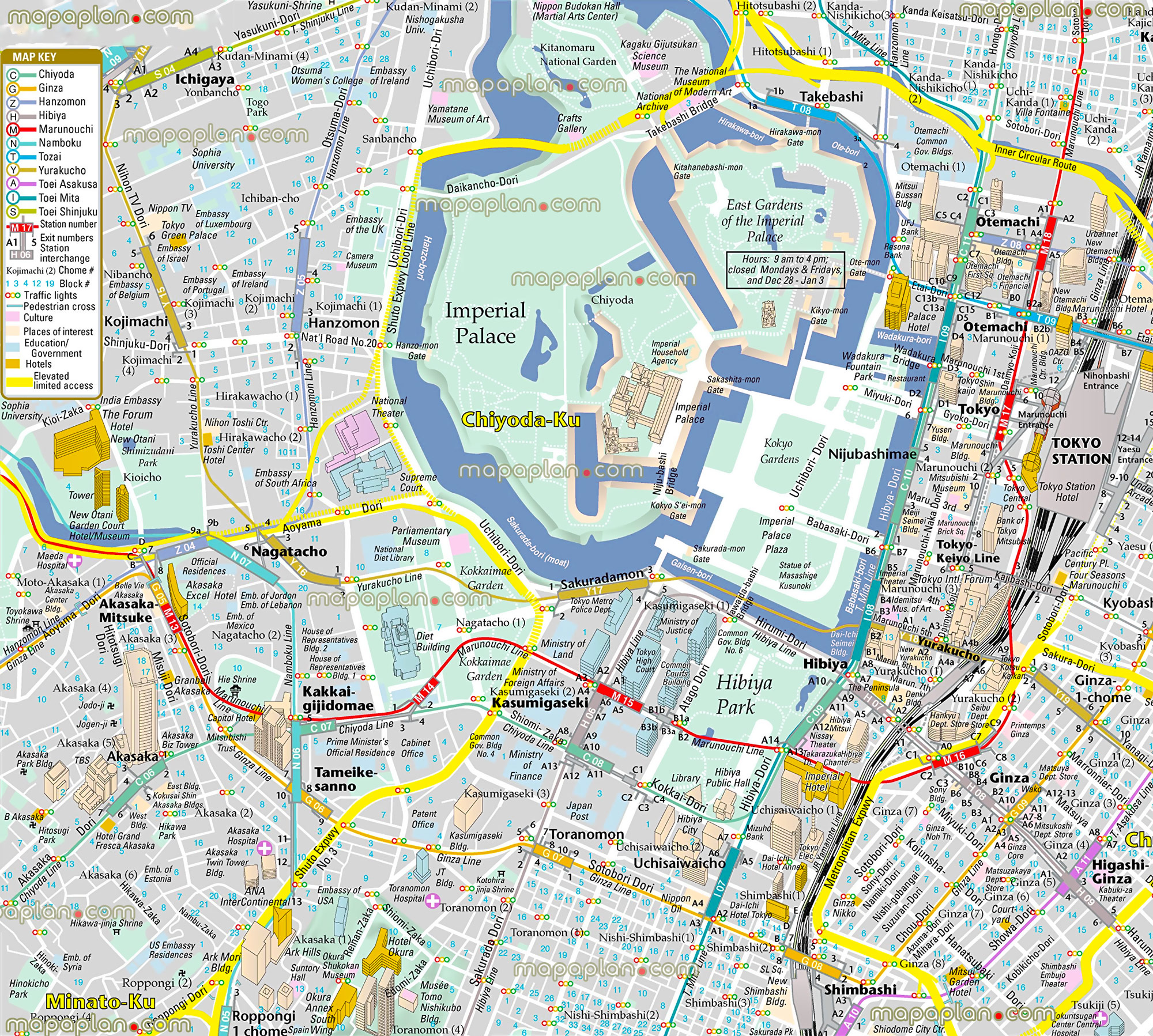 imperial palace gardens chiyoda 3d english marunouchi ginza districts detailed road street names plan favourite points interest kokyo seimon main gate bridge hibiya park metro train station otemachi yurakucho nagatacho akasaka kojimachi ichigaya shimbashi hotelss Tokyo top tourist attractions map