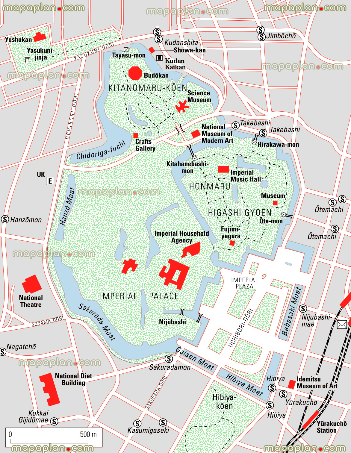 imperial palace grounds hibiya city centre visitors imperial household agency nijubashi budokan crafts gallery science museum national modern art music hall higashi gyoen garden fujimiyagura imperial plaza kudanshita jimbocho yurakucho stations Tokyo top tourist attractions map