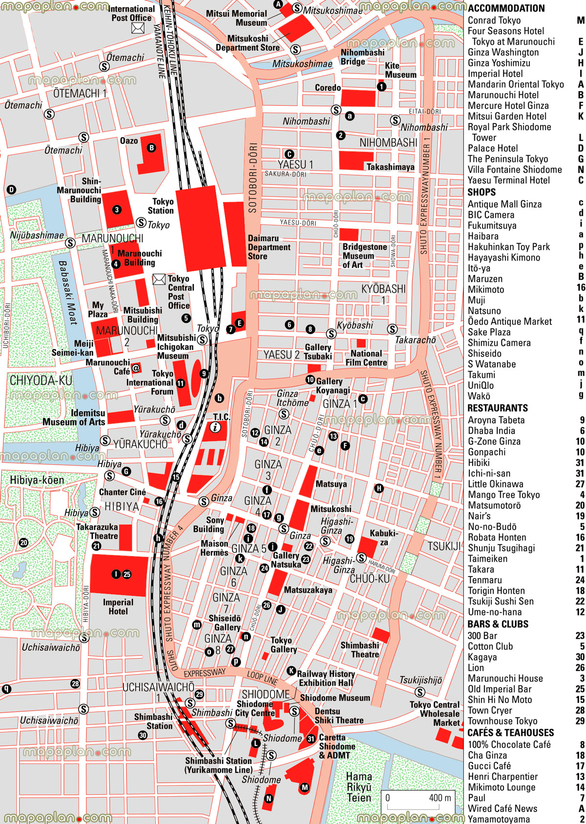 ginza shopping area layout hotel accommodation restaurants teahouses jnto tic japan national tourist organization information center station kite museum national film centre idemitsu arts daimaru department store gallery natsuka central wholesale markets Tokyo top tourist attractions map