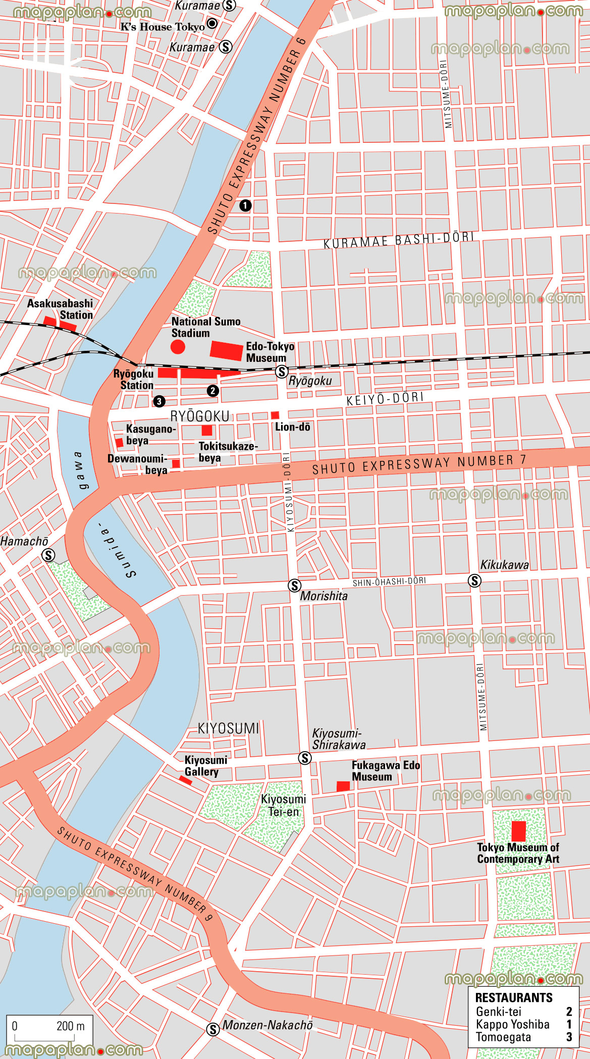 ryogoku district station location nearby landmarks edoTokyo museum museum contemporary art national sumo stadium sumidagawa river shuto expressways Tokyo top tourist attractions map