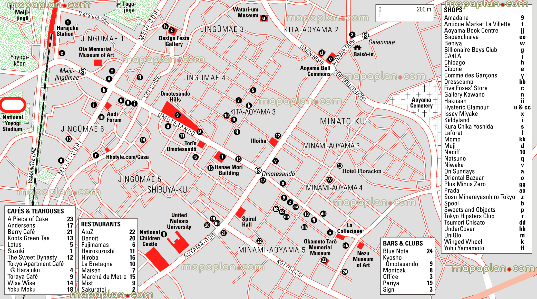 omotesando hills metro train station around local area az list shops outlets harajuku shibuya minatos Tokyo top tourist attractions map