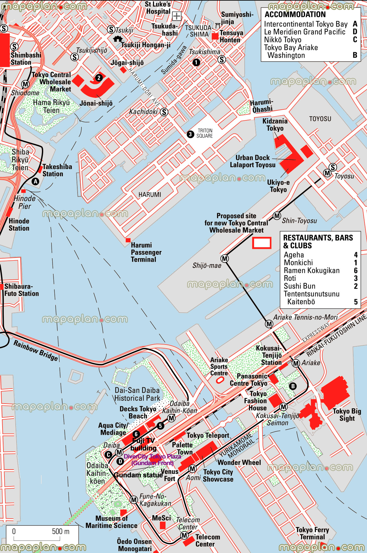 odaiba island bay monorail divercity plaza gundam front gundam statue palette town rainbow bridge hama rikyu teien garden shiodome panasonic center big sight tsukishima mesci museum emerging science and innovation bayside seaside beach park tsukishima toyosu daiba stations Tokyo top tourist attractions map