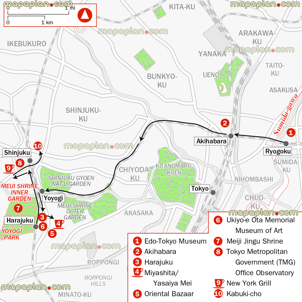 2 day trip day tour major points interest edo Tokyo museum ryogoku metro train station akihabara harajuku oriental bazaar market meiji jingu shrine shinjuku observatorys Tokyo top tourist attractions map