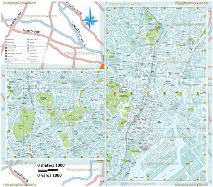 interactive tourist information new directions points interest downtown iconic places major landmarks districts bullet main rail station sensoji temple koishikawa korakuen garden dome tsukiji fish market expressways chiyada shinjuku shibuya yoyogi asakusas Tokyo top tourist attractions map